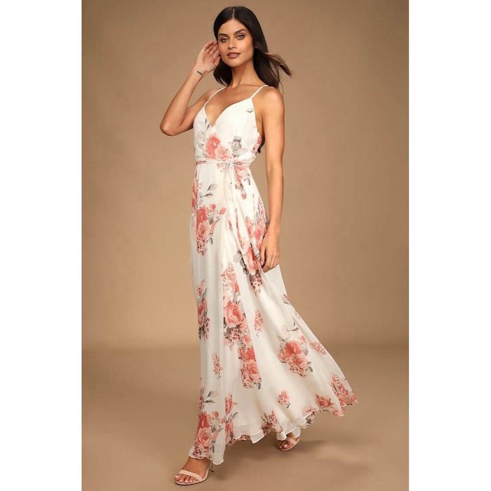 Lulus Cream Elegantly inclined Floral maxi Wrap Dress Size Small NWT